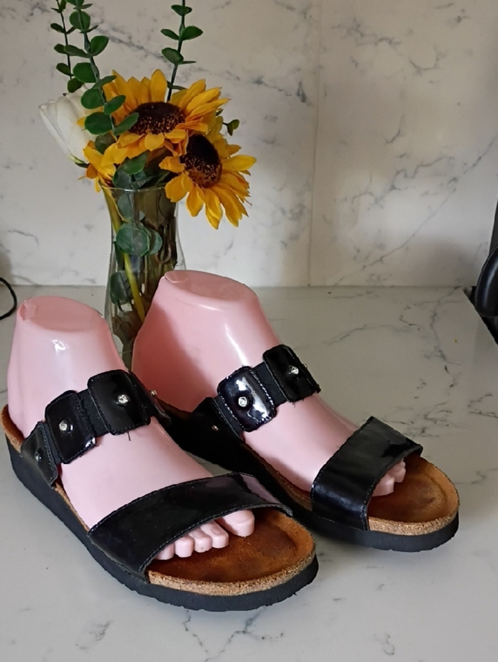 NAOT Black Women's Leather Slide Sandals with Buckle Detail